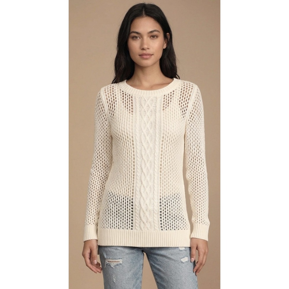 Tommy Bahama Woman Sweater Top Off White Cotton Open Cable Knit Pullover Small